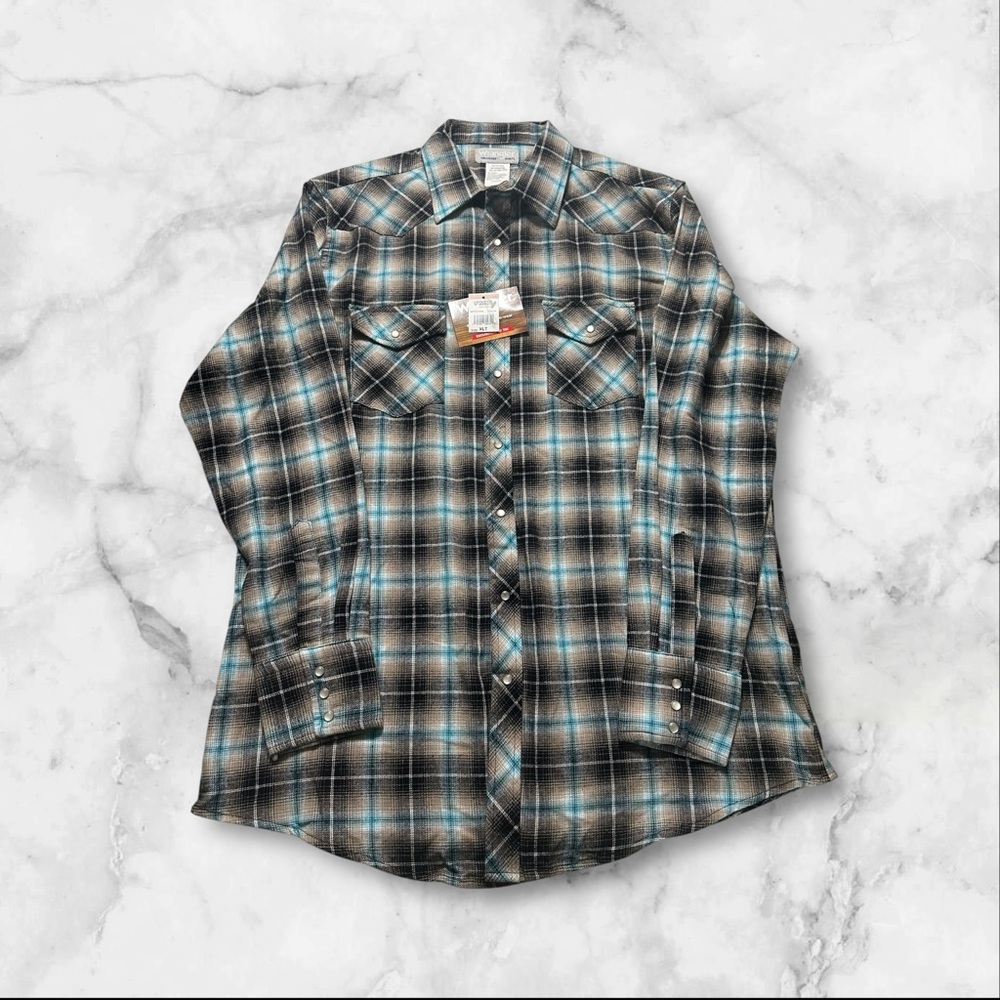 wrangler wrancher shirt men’s XL black blue Plaid pearl snap long sleeve NEW